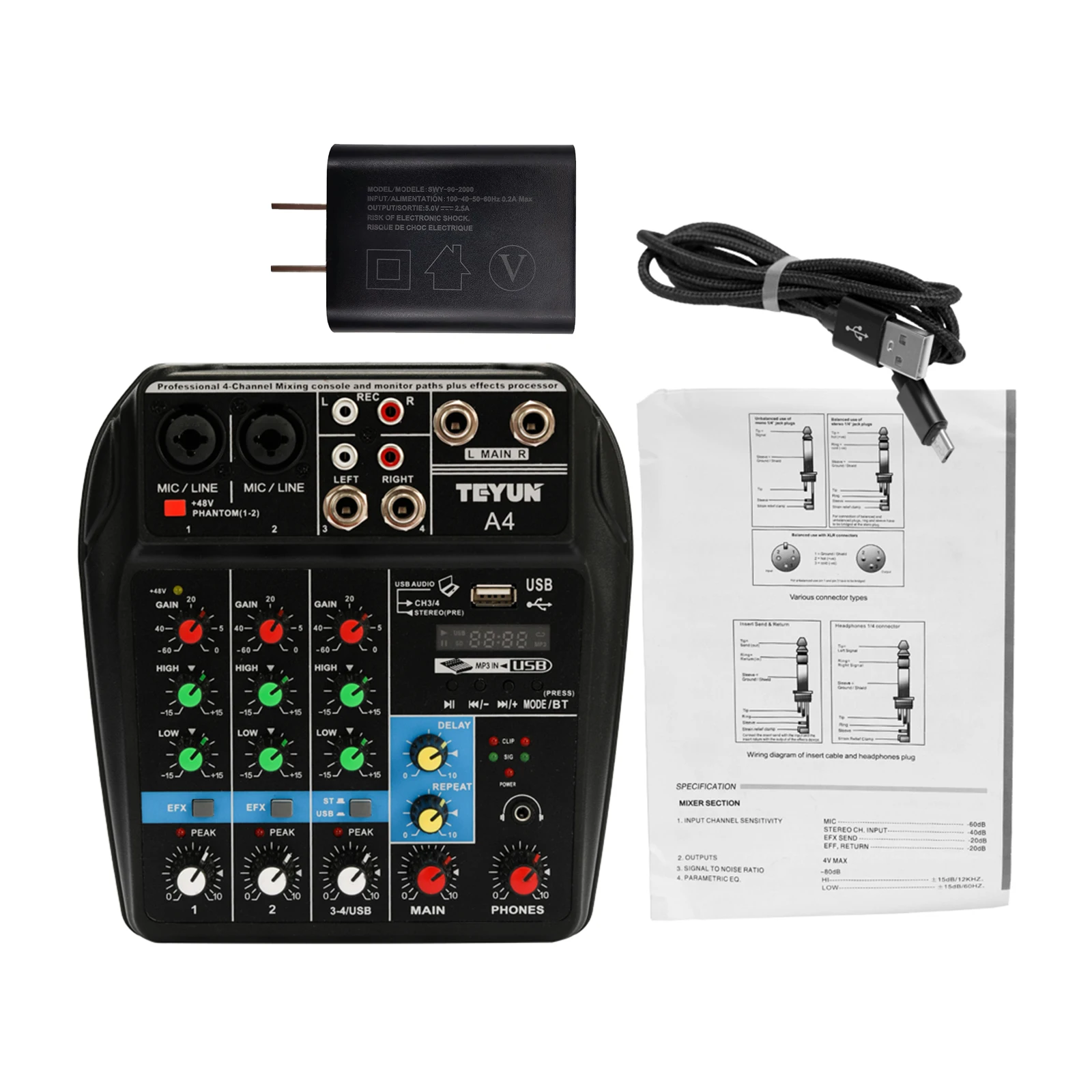 4 Channel Portable Audio Mixer Karaoke Players USB DJ Sound Mixing Console MP3 Jack 48V Amplifier
4 Channel Portable Audio Mixer Karaoke Players USB DJ Sound Mixing Console MP3 Jack 48V Amplifier