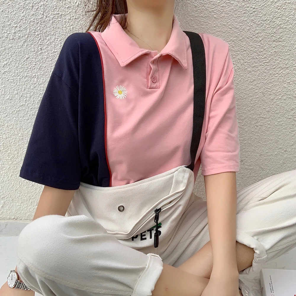 Рубашка-поло женская в стиле Харадзюку модная Свободная рубашка с коротким