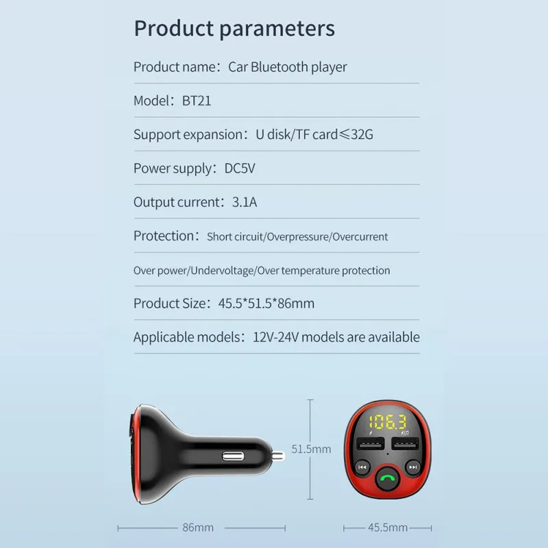 FM Transmitter Bluetooth Car MP3 Player Handsfree Car Kit 3.1A Dual USB Charger Support TF U Disk
FM Transmitter Bluetooth Car MP3 Player Handsfree Car Kit 3.1A Dual USB Charger Support TF U Disk