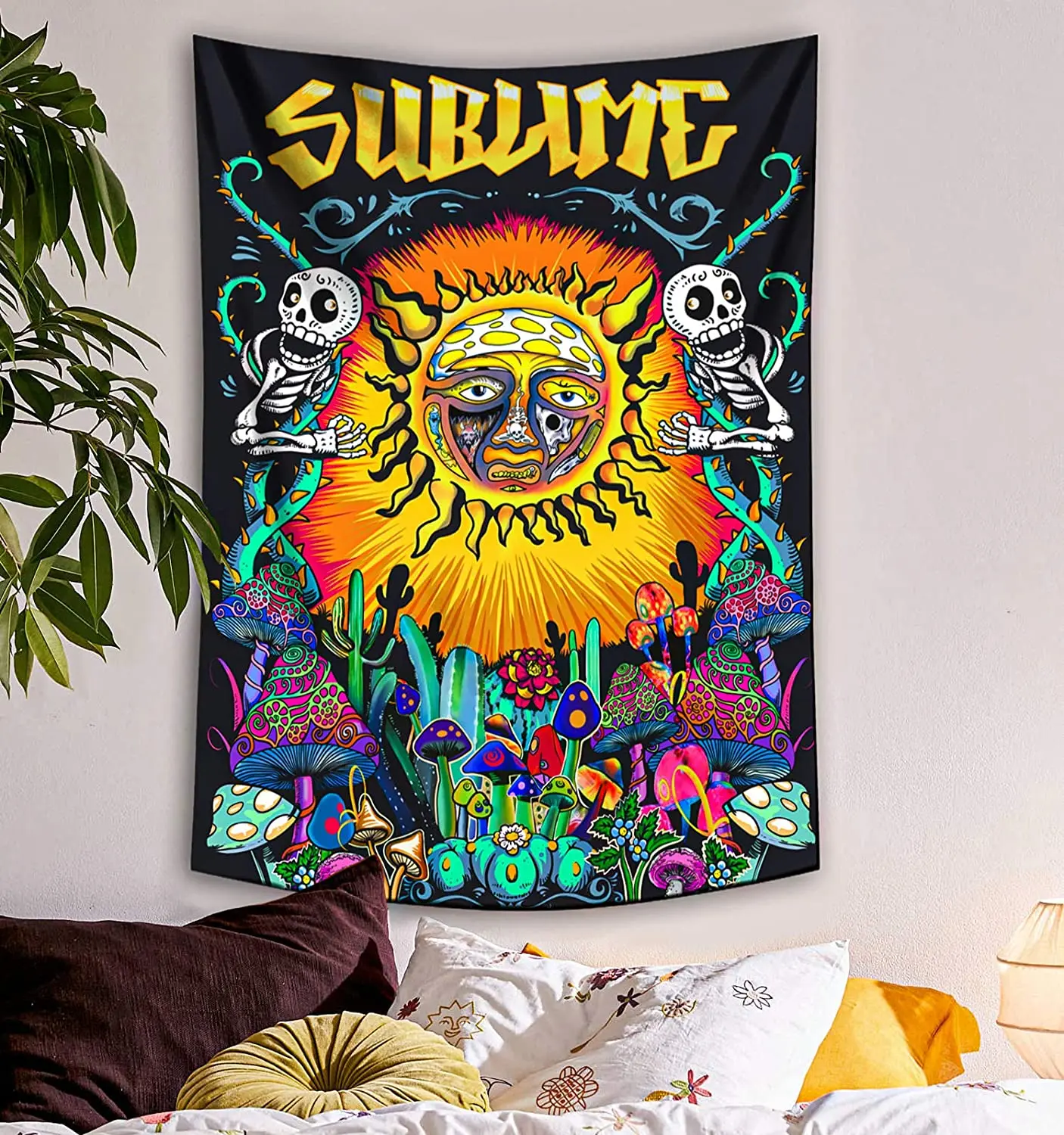 

Trippy Sublime Sun Tapestry Wall Hanging Psychedelic Hippie Vertical Colorful Tapestries with Mushroom Cactus for Home Decor