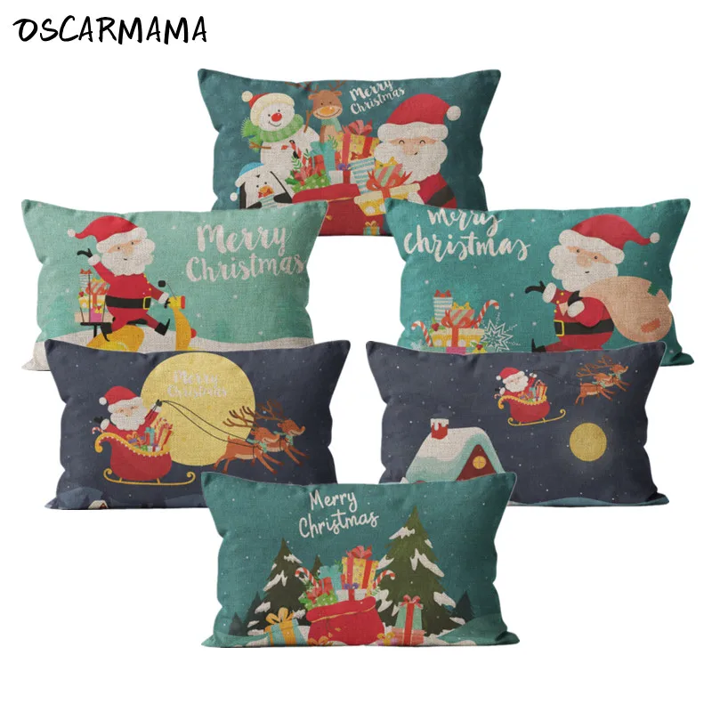 

Merry Christmas Eve Santa Claus Reindeer Trees Snowflakes Print Decorative Pillow Case Sofa Couch Bed Living Room Present Set