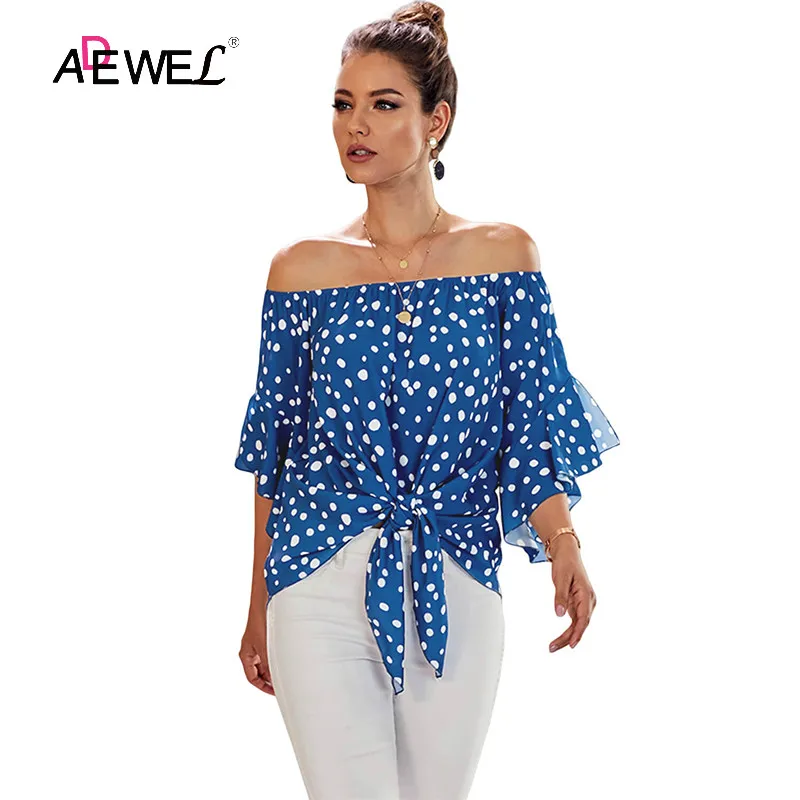 ADEWEL Sexy Off Shoulder Tshirt Blue Polka Dot Sweet Ruffle Sleeve Summer Tops Lace Up Tie Knot Plus Size T-Shirts Streetwear 
ADEWEL Sexy Off Shoulder Tshirt Blue Polka Dot Sweet Ruffle Sleeve Summer Tops Lace Up Tie Knot Plus Size T-Shirts Streetwear