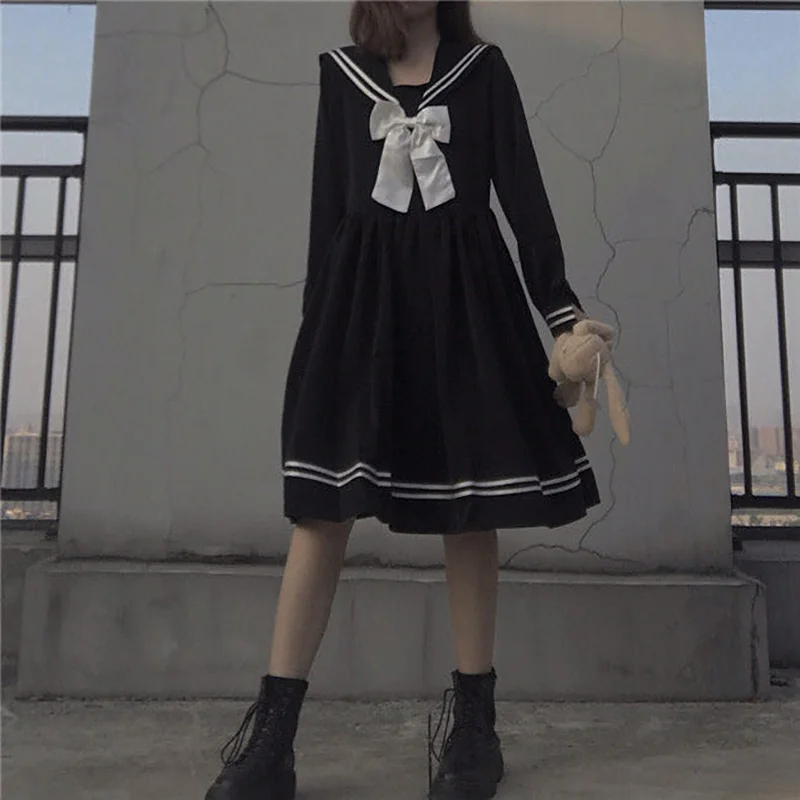 Women's Dress Loose Japanese Navy Collar Black Skirt Korean Preppy Style Bow Dress Summer Woman Robe Noire 2021 JK Dress
Women's Dress Loose Japanese Navy Collar Black Skirt Korean Preppy Style Bow Dress Summer Woman Robe Noire 2021 JK Dress