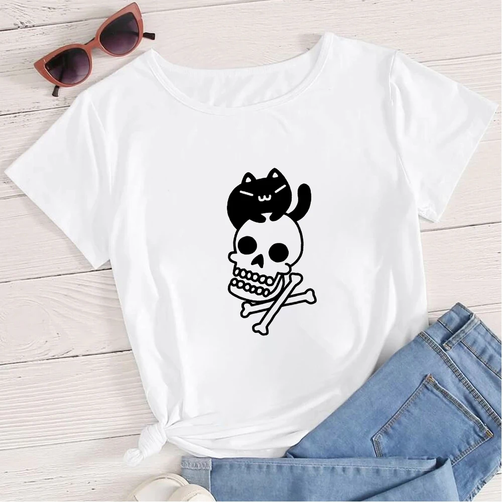 Cat and Skeleton Cartoon Funny Style Tshirt Women Hipster Summer Casual Tees America Pop Streetwear Personalized Clothing
Cat and Skeleton Cartoon Funny Style Tshirt Women Hipster Summer Casual Tees America Pop Streetwear Personalized Clothing