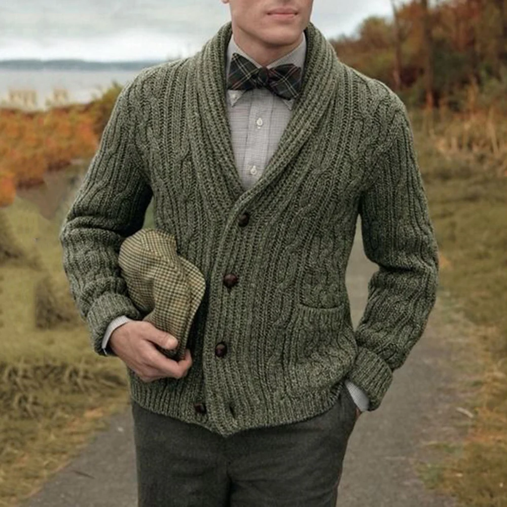 

2021 осень зима новый мужской свитер однотонный кардиган однобортный длинный рукав карман v-образный вырез Повседневный простой свитер