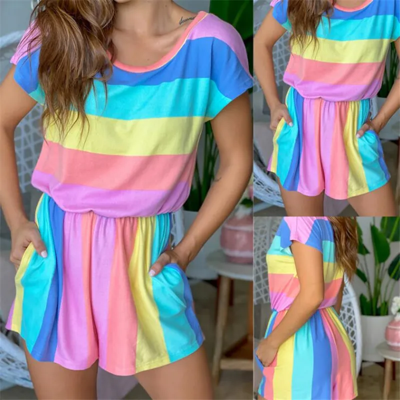 2020 summer women fashion bodysuit new causal holiday style jumpsuits short sleeve o-neck rainbow striped jumpsuits shorts pants
2020 summer women fashion bodysuit new causal holiday style jumpsuits short sleeve o-neck rainbow striped jumpsuits shorts pants