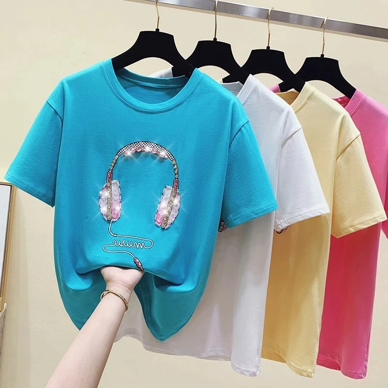 2021 Cotton Summer Tees Tops Beading Woman Plus Size Short Sleeve Oversized T shirt Big Girls Clothing Tshirt Pink Blue Yellow
2021 Cotton Summer Tees Tops Beading Woman Plus Size Short Sleeve Oversized T shirt Big Girls Clothing Tshirt Pink Blue Yellow