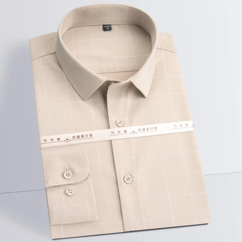 

Men's Smart Casual Bamboo-fiber Plaid Checkered Shirts Pocketless Regular-fit Wrinkle-Free Stylish Long Sleeve Gingham Shirt