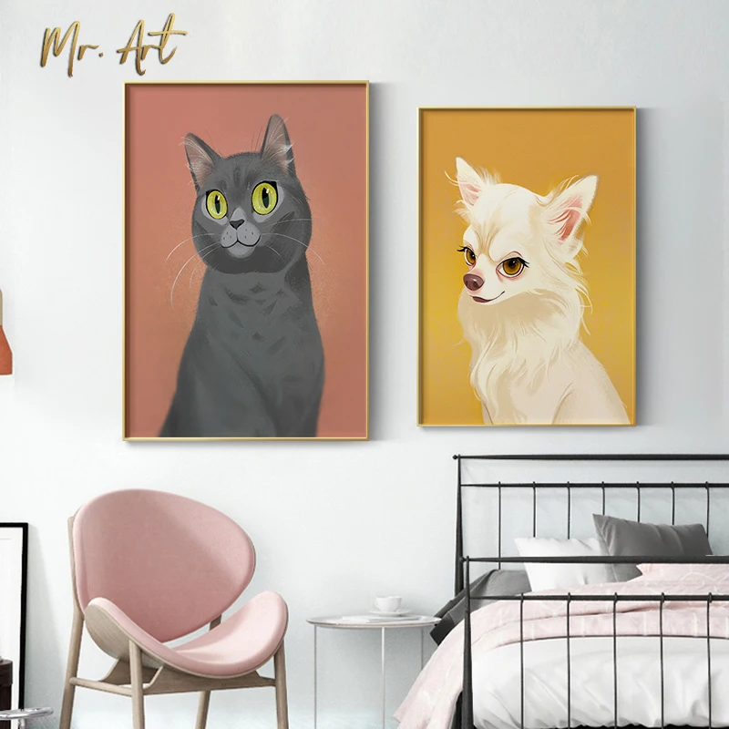 Картина на холсте с милыми животными плакат мультяшной собакой и котом печать в
