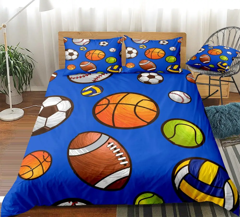 

3 Pieces Sport Balls Duvet Cover Set Football Basketball Rugby Home Textiles Blue Bedding Kids Boys Teens Queen Dropship