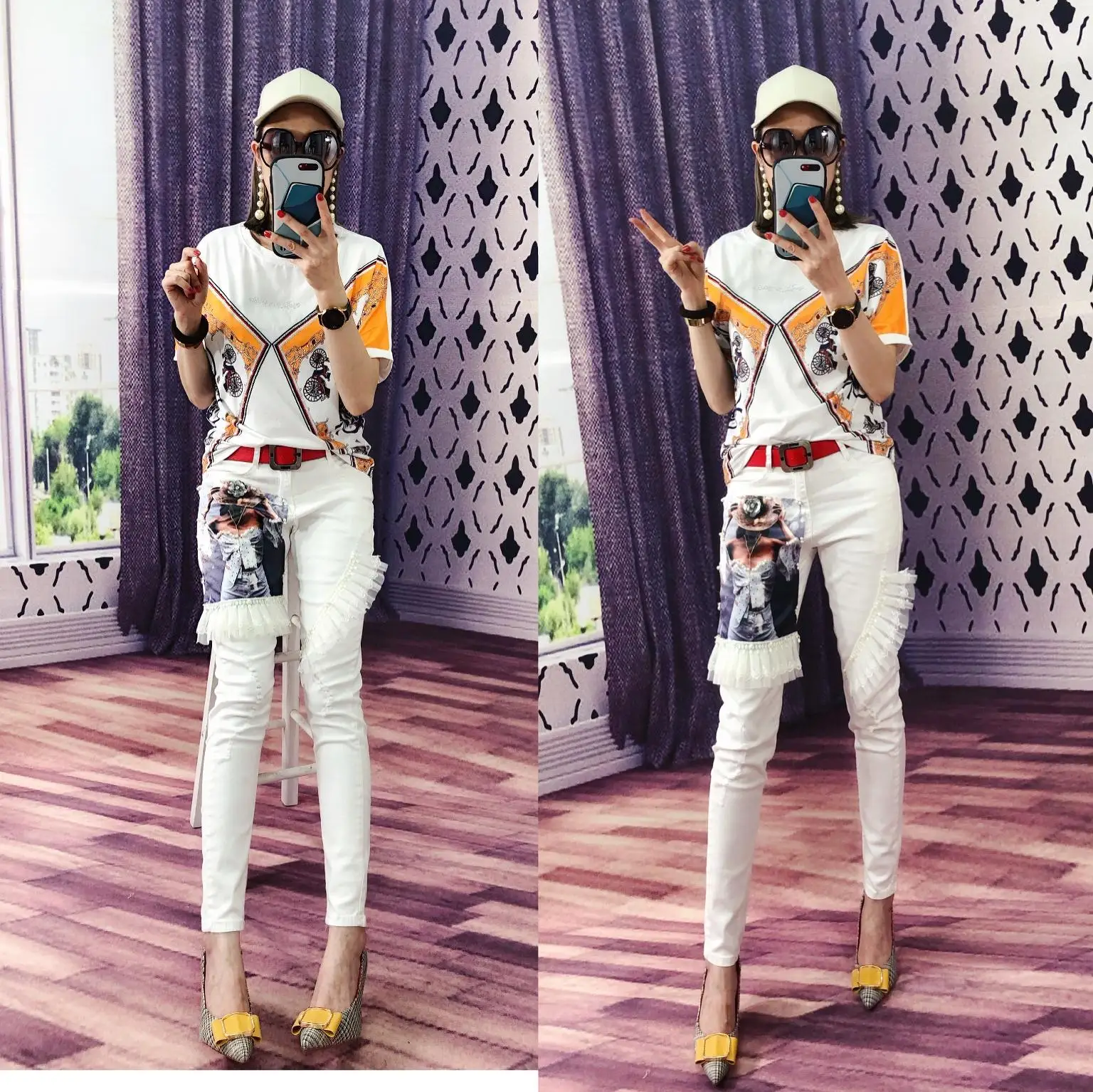 2020 ladies new fashion denim stretch print white jeans women 
2020 ladies new fashion denim stretch print white jeans women