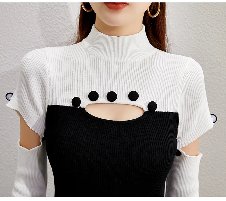 Knitted Black White Patchwork Hollow Women Dresses 2020 Autumn Pullover Turtleneck Shealth Sukienki Button Sexy Bodycon Vestidos
Knitted Black White Patchwork Hollow Women Dresses 2020 Autumn Pullover Turtleneck Shealth Sukienki Button Sexy Bodycon Vestidos