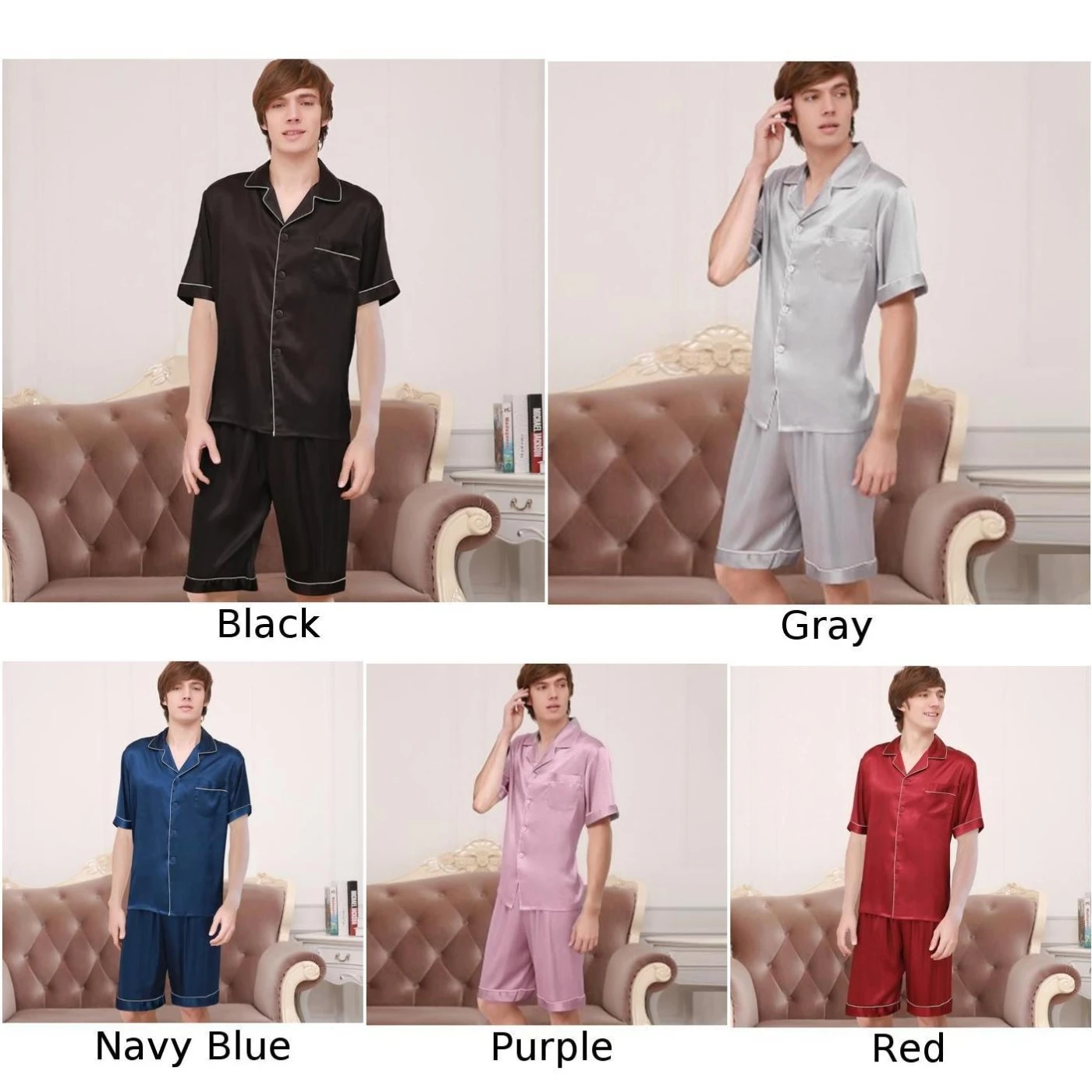 2Pcs Mens Night Home Wear Silk Satin Pajamas Set Short Sleeves Shirt+Shorts Nightwear Sleepwear Solid Color Summer Male New
2Pcs Mens Night Home Wear Silk Satin Pajamas Set Short Sleeves Shirt+Shorts Nightwear Sleepwear Solid Color Summer Male New