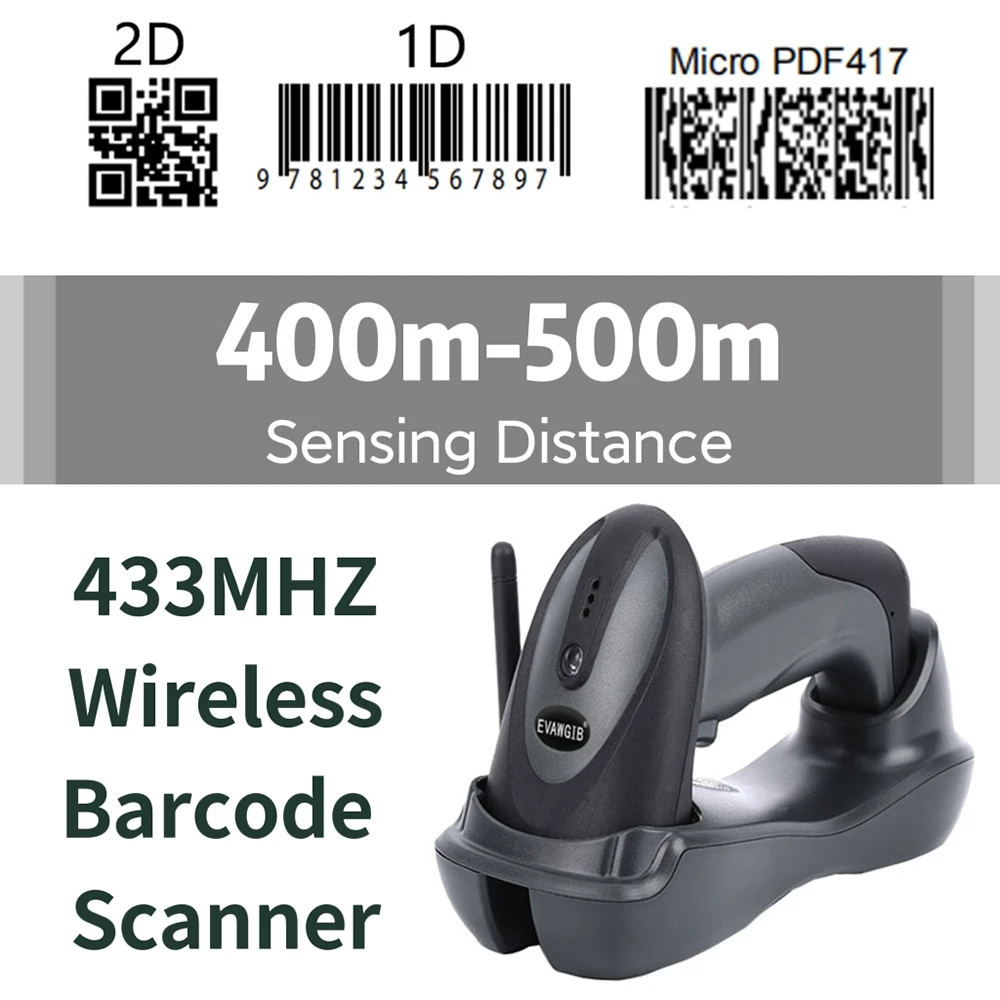 Wireless Barcode Scanner 1D 2D Barcode Scanner 433MHZ Handheld Long Range 2D CMOS Bar Code Scanning Reader
Wireless Barcode Scanner 1D 2D Barcode Scanner 433MHZ Handheld Long Range 2D CMOS Bar Code Scanning Reader