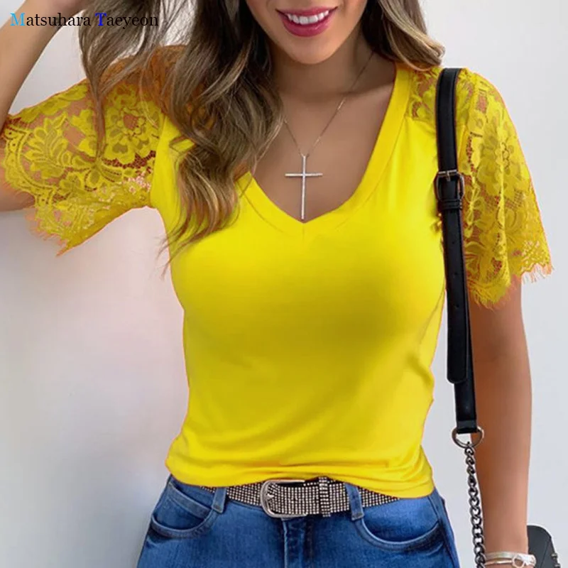 Solid Splicing T Shirt Women V-neck Woman Tshirts Summer Casual Bud Silk Short-sleeved Tops Women 2020 T Shirt for Women
Solid Splicing T Shirt Women V-neck Woman Tshirts Summer Casual Bud Silk Short-sleeved Tops Women 2020 T Shirt for Women