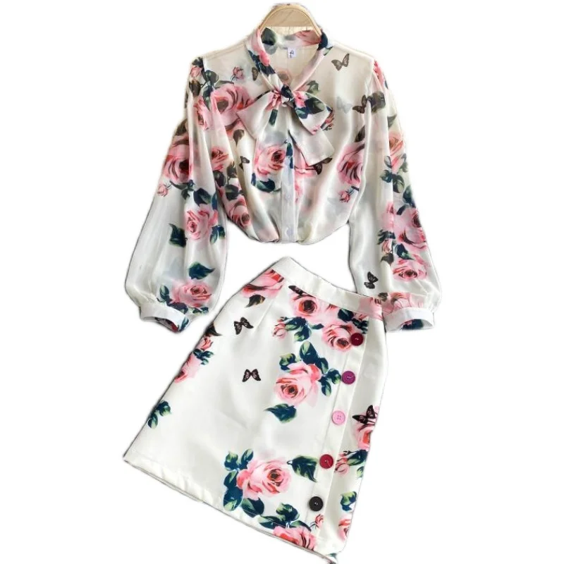 Women's New Fashion Elegant Print Bow Collar Long Sleeve Shirts Tops + High Waist Skirt Two Piece Sets Q861 
Women's New Fashion Elegant Print Bow Collar Long Sleeve Shirts Tops + High Waist Skirt Two Piece Sets Q861