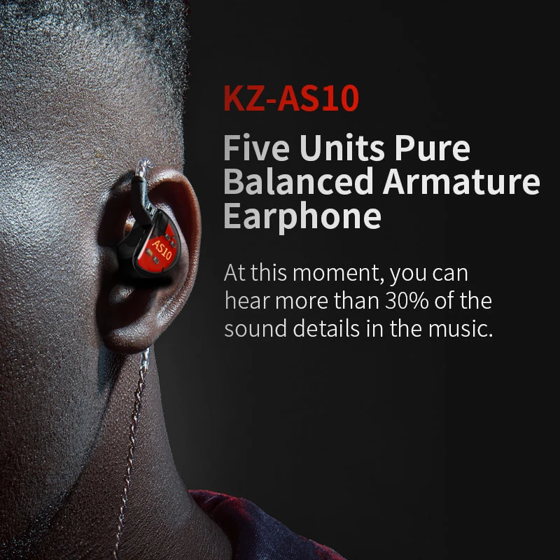 

KZ AS10 5BA Balanced Armature Driver In-Ear Noise Reduction Headphones HIFI Heavy Bass Monitor Music Headphones Can Be Rewirable