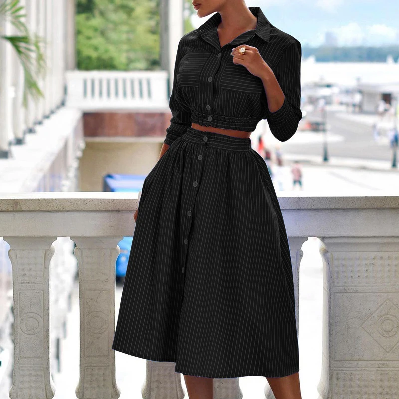 Autumn 3/4 Sleeve Outfits Spring Elegant Striped Print Women Sets Turn-down Collar Buttoned Shirts and Elastic Waist Skirts Suit
Autumn 3/4 Sleeve Outfits Spring Elegant Striped Print Women Sets Turn-down Collar Buttoned Shirts and Elastic Waist Skirts Suit