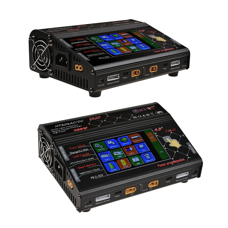 HTRC HT206 RC Balance Charger DUO 200Wx2 20Ax2 Dual Port 4.3 Inch Color LCD Press Screen for Lilon/LiPo/LiFe Battery
HTRC HT206 RC Balance Charger DUO 200Wx2 20Ax2 Dual Port 4.3 Inch Color LCD Press Screen for Lilon/LiPo/LiFe Battery