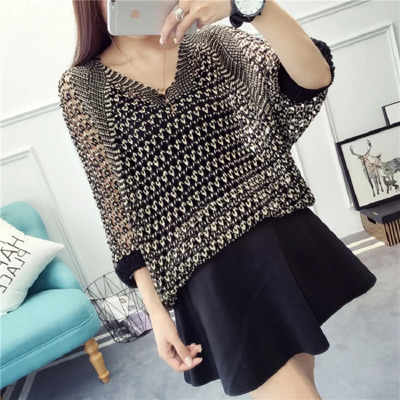 Women's Summer Korean Style Gold Silk Hollow Knit Sweater Sweater Plus Size Women's Mesh Blouse Loose Bat Sweater Top WM-MY010 
Women's Summer Korean Style Gold Silk Hollow Knit Sweater Sweater Plus Size Women's Mesh Blouse Loose Bat Sweater Top WM-MY010