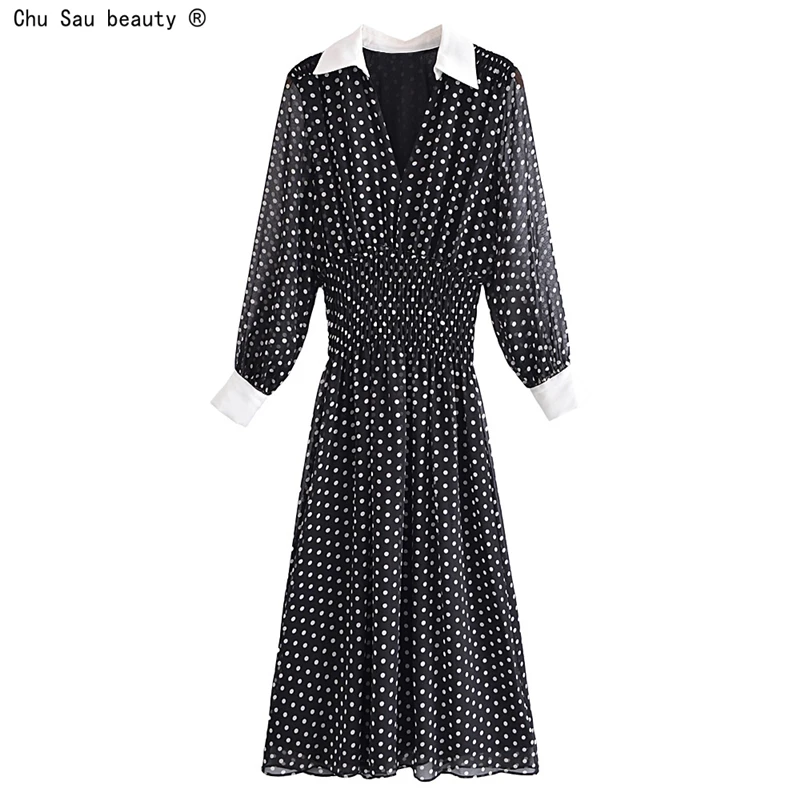 Spring Autumn New Vintage Dot Print Folds Elastic Waist Chiffon Turn Down Collar Casual Loose Mid Length Women Dress Vestido
Spring Autumn New Vintage Dot Print Folds Elastic Waist Chiffon Turn Down Collar Casual Loose Mid Length Women Dress Vestido