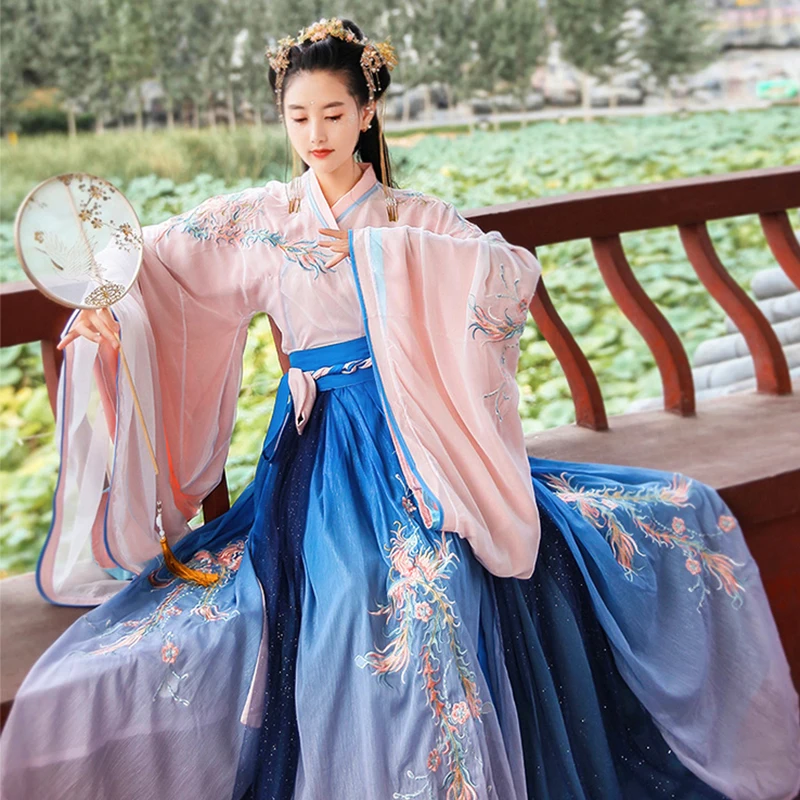 Вышитые танцевальные костюмы с Фениксом Hanfu женское китайское фолк-сказочное
