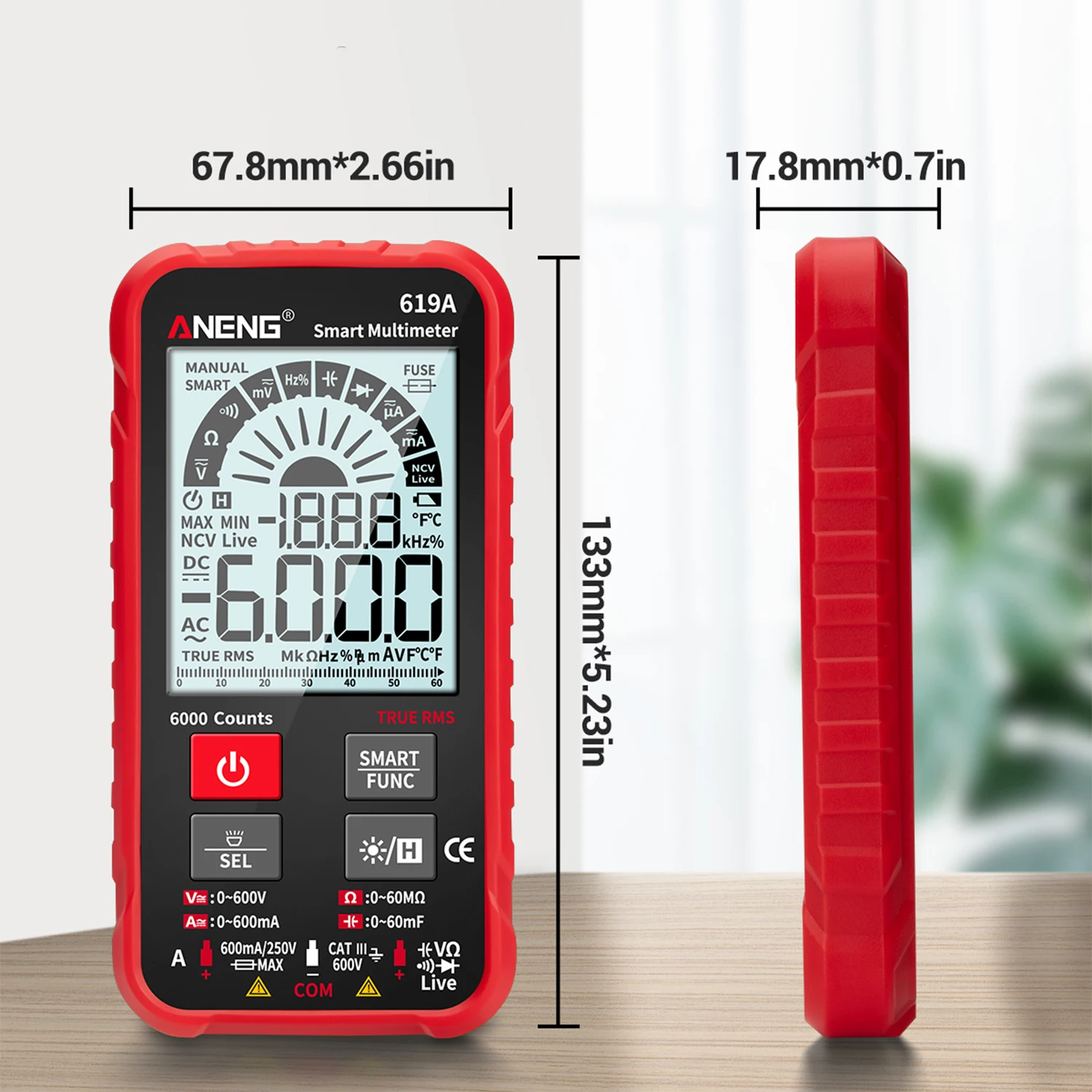 ANENG 619A 6000 Counts LCD Multimeter True RMS Tester AC/DC Voltage & Current Resistance Capacitance Continuity Diode NCV Test
ANENG 619A 6000 Counts LCD Multimeter True RMS Tester AC/DC Voltage & Current Resistance Capacitance Continuity Diode NCV Test
