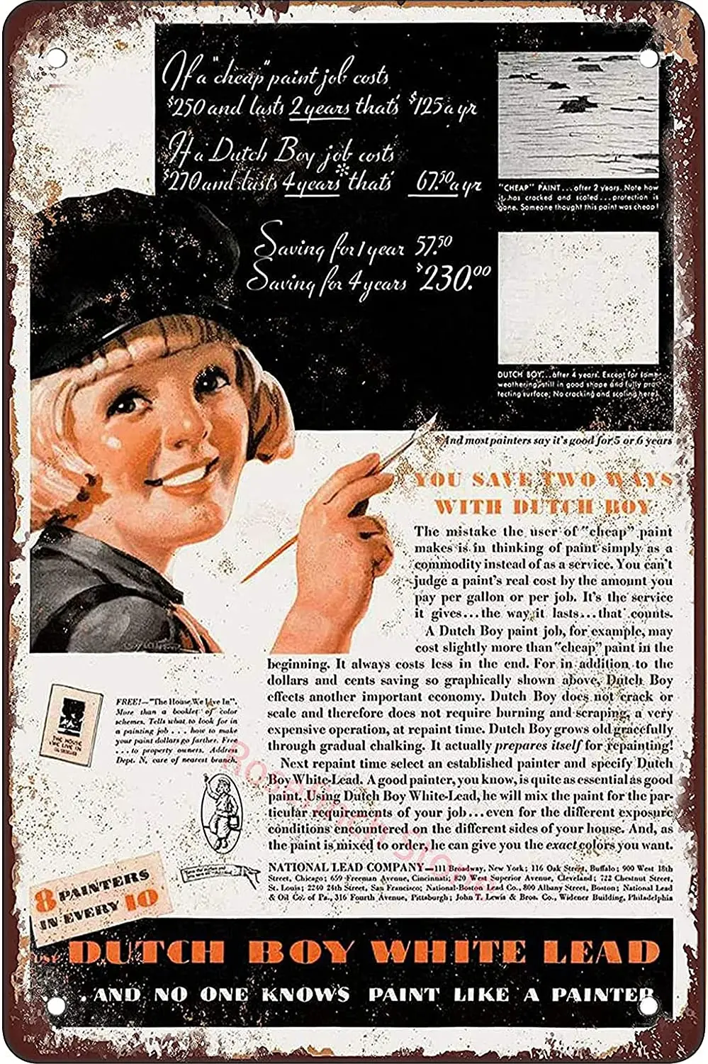Metal tin Sign 1932 Dutch Boy Lead Paint for Home Bedroom Retro War Poster Man cave Wall Decor 12X8 inch | Дом и сад