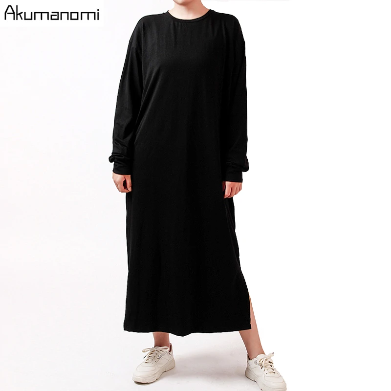 

Autumn Spring Black Woman Slit Dress Cotton Plus Size 7xl 6xl 5xl 43xxl Casual Long Sleeve Maxi T Shirt Dresses Robe Femme 2020