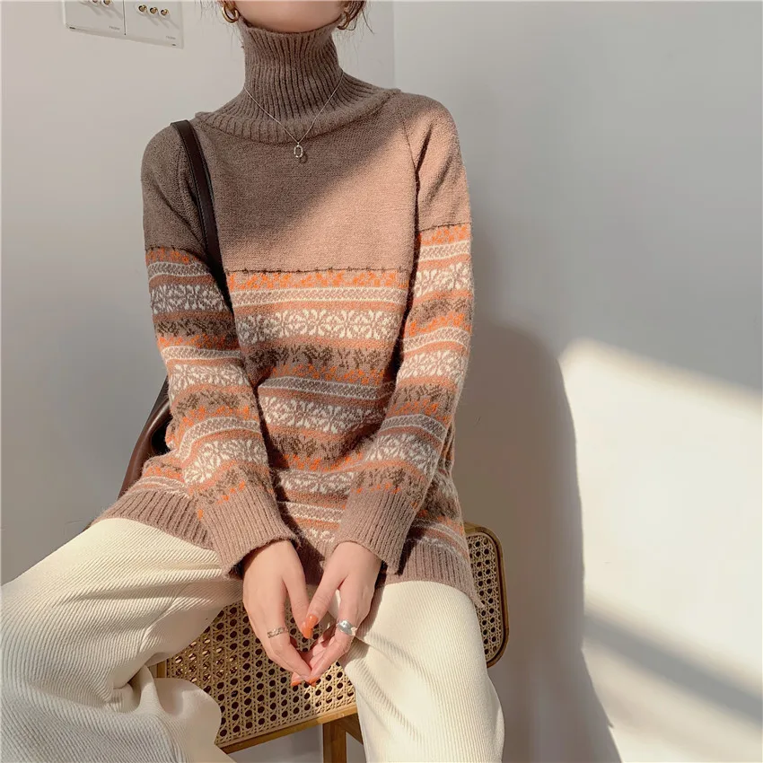 Pullover Women 2020 Autumn and Winter High Neck Loose Retro Printing Stitching Sweater Long Sleeve Long Knitted Sweaters Thicken
Pullover Women 2020 Autumn and Winter High Neck Loose Retro Printing Stitching Sweater Long Sleeve Long Knitted Sweaters Thicken