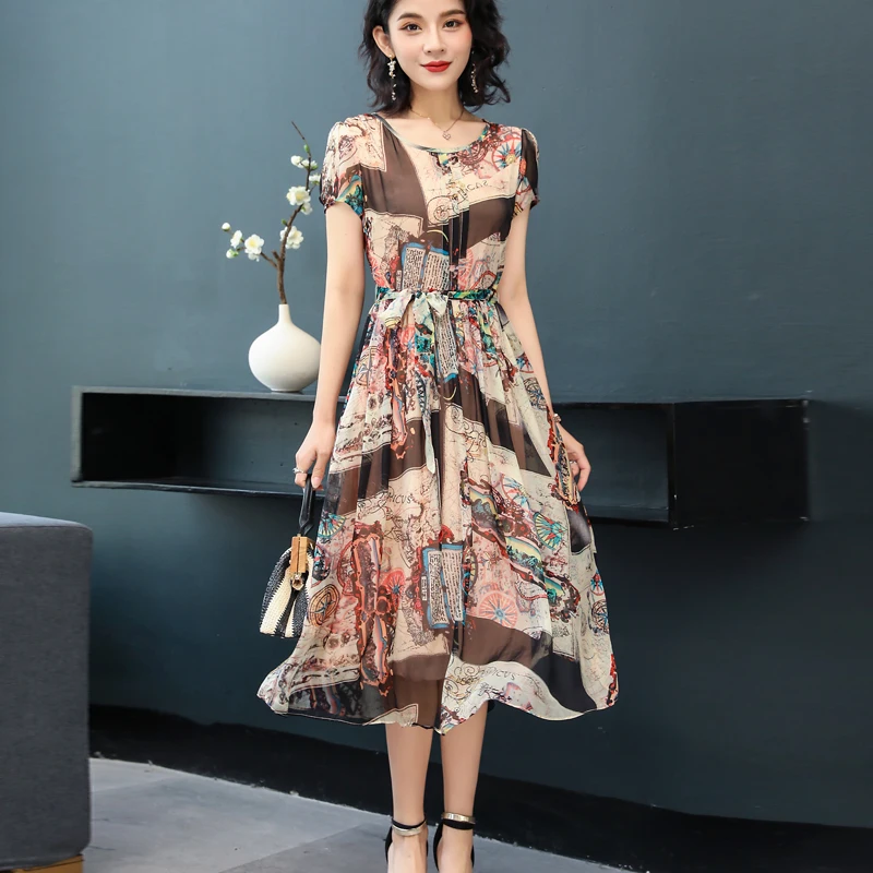 Летнее платье для женщин элегантное 100% натуральный шелк платья средней длины