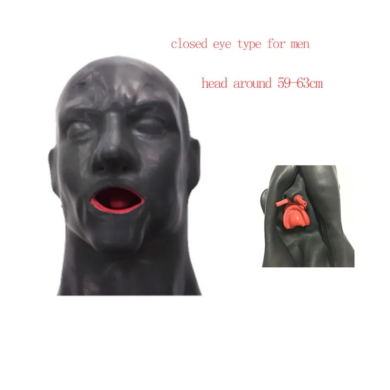 

3D Latex Hood Rubber Mask Closed Open Eyes Fetish Hood with Red Mouth Gag Plug Sheath Tongue Nose Tube Short Back Zip or Men