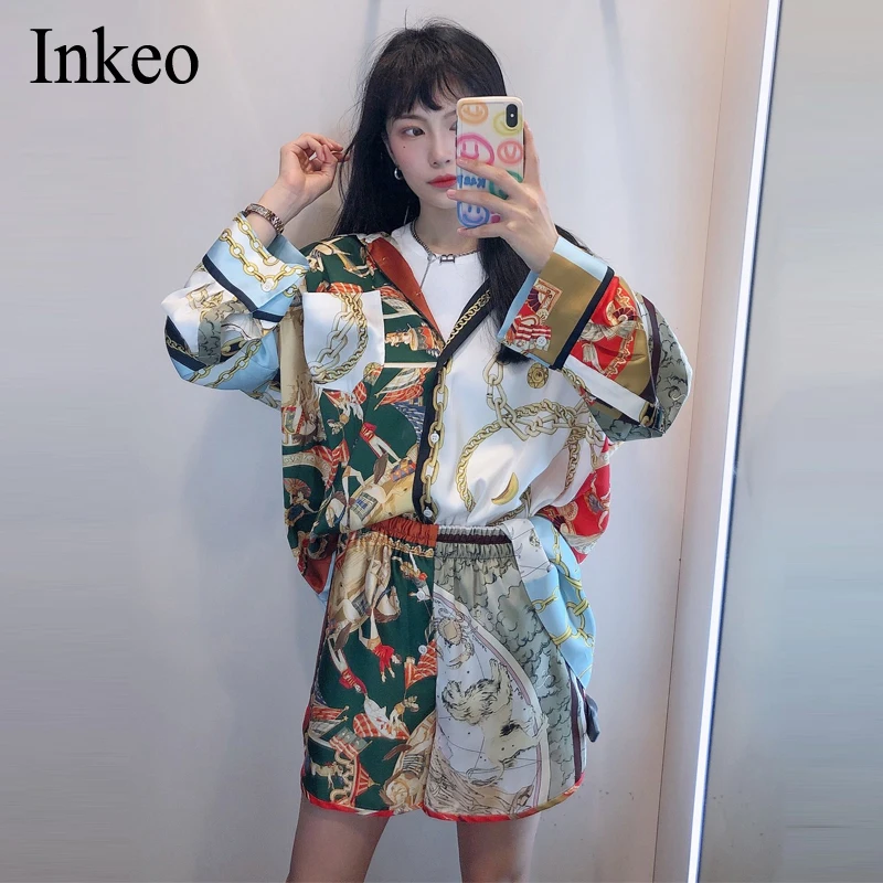Women's Suit Satin Print Pajamas Two piece Set Summer Long sleeve blouse Shirt Tops Female Casual Shorts Loose Mujer INKEO 1T020
Women's Suit Satin Print Pajamas Two piece Set Summer Long sleeve blouse Shirt Tops Female Casual Shorts Loose Mujer INKEO 1T020