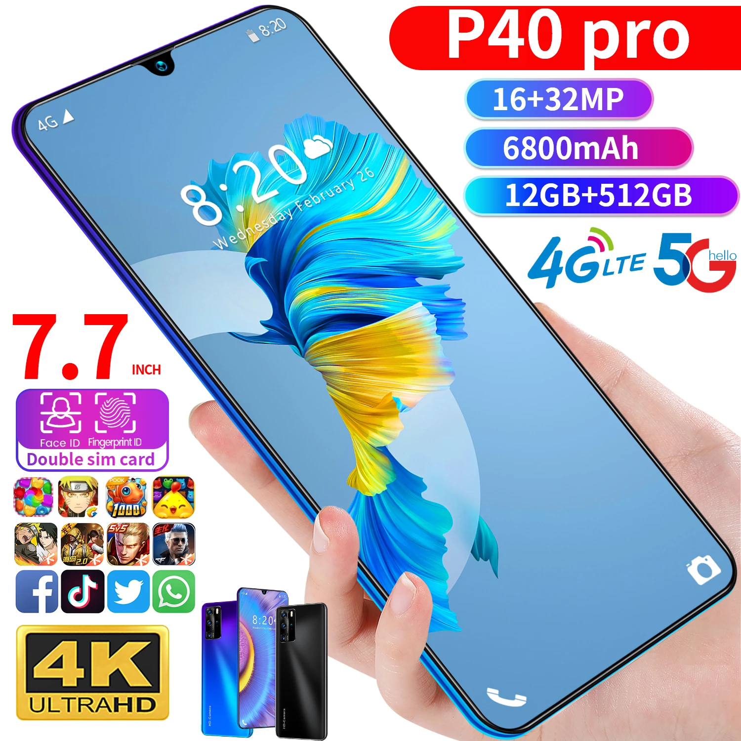 Global P40 Pro 7.7Inch HD Big Screen Android Smartphones Dual SIM 4G 5G LTE Network 12 512GB Face Fingerprint Unlock Mobilephone
Global P40 Pro 7.7Inch HD Big Screen Android Smartphones Dual SIM 4G 5G LTE Network 12 512GB Face Fingerprint Unlock Mobilephone