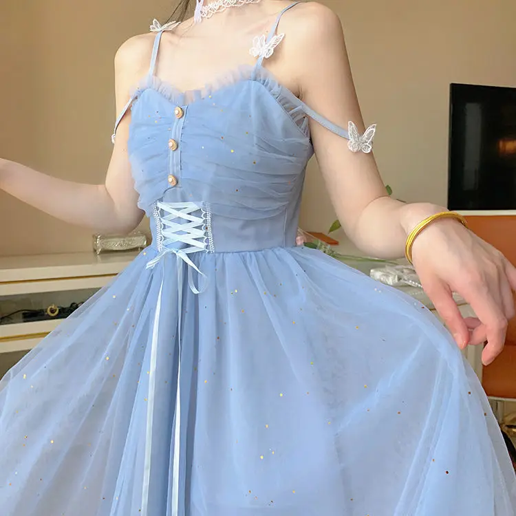 Summer New Palace Retro Princess Dress Sweet Girl Blue Mesh Camisole Dress Super Fairy Embroidery Lace Up Dress
Summer New Palace Retro Princess Dress Sweet Girl Blue Mesh Camisole Dress Super Fairy Embroidery Lace Up Dress