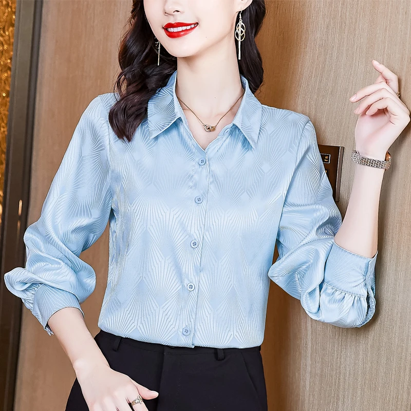 Silk Jacquard Women's Shirt Solid Blouses for Women Satin Button Up Clothing Women Polo Neck Long Sleeve Top Female Basic Shirts
Silk Jacquard Women's Shirt Solid Blouses for Women Satin Button Up Clothing Women Polo Neck Long Sleeve Top Female Basic Shirts