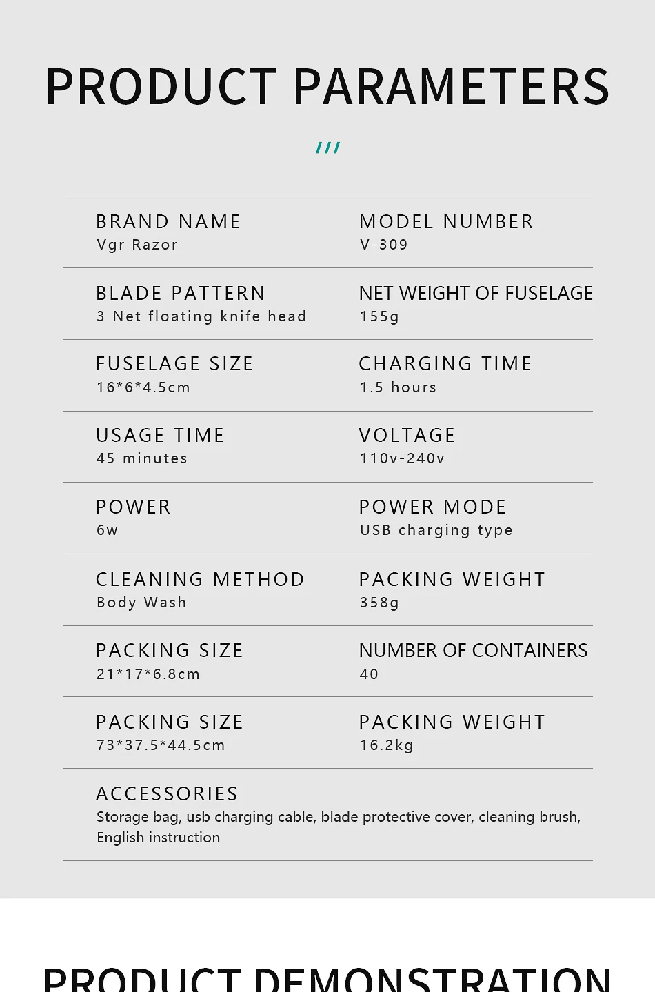 VGR Wet Dry Use Electric Shaver Beard Trimmer Rechargeable Electric Razor for Men Shaving Machine Facial Grooming Kit V-309
VGR Wet Dry Use Electric Shaver Beard Trimmer Rechargeable Electric Razor for Men Shaving Machine Facial Grooming Kit V-309