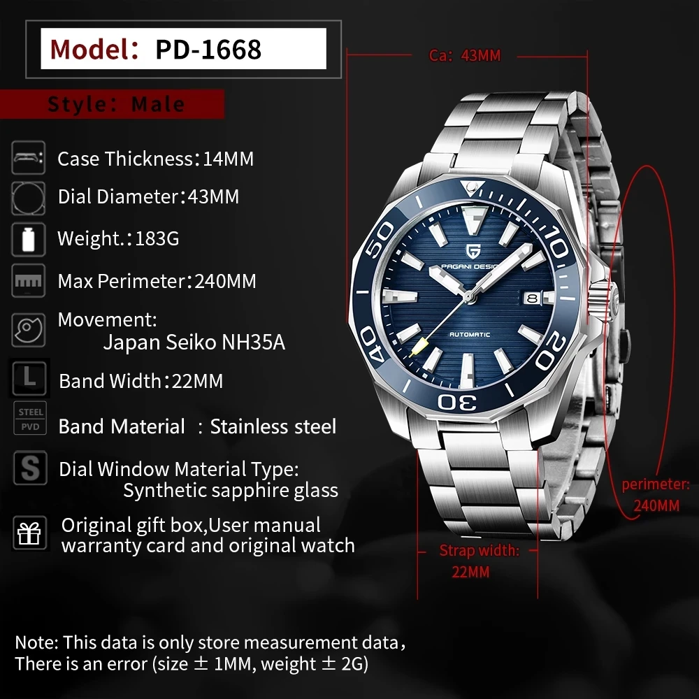 PAGANI DESIGN Men's Mechanical Watch Sapphire Glass Waterproof Stainless Steel Men's Automatic Mechanical Watch Mekaniska Klocko
PAGANI DESIGN Men's Mechanical Watch Sapphire Glass Waterproof Stainless Steel Men's Automatic Mechanical Watch Mekaniska Klocko