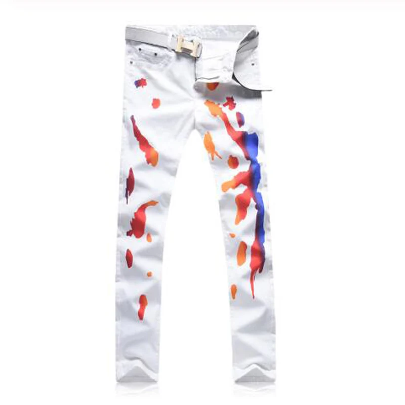

New Men's male fashion fashion colored painted white print jeans Casual slim stretch denim pants trousers