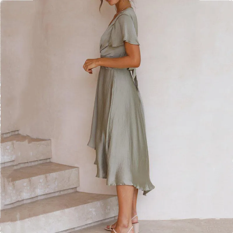 2021 Summer Sexy Temperament Women's Short-sleeved Deep V-neck Irregular Dress Fashion Solid Color Lace-Up Maxi Dress For Women
2021 Summer Sexy Temperament Women's Short-sleeved Deep V-neck Irregular Dress Fashion Solid Color Lace-Up Maxi Dress For Women