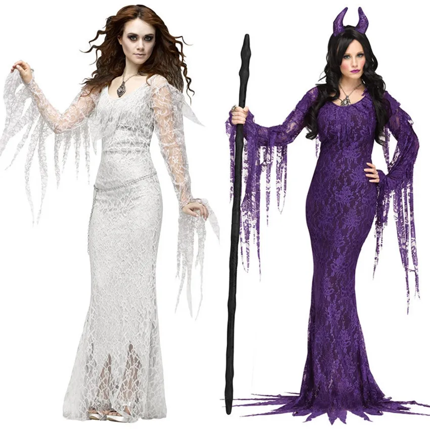 

Carnival Party Vampire Ghost Bride Costume Halloween White and Purple Tree Demon Plays Uniform Stage Performance Fancy Dress