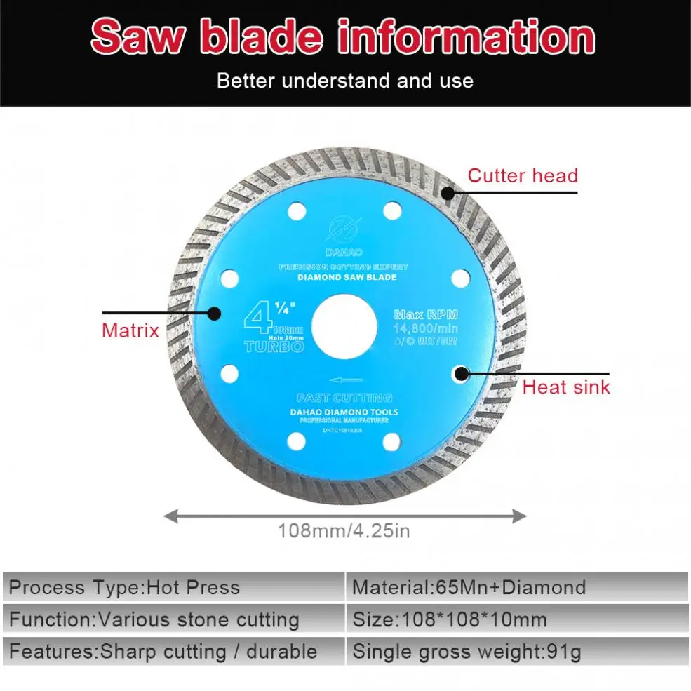 108mm Turbo Shape Diamond Saw Blade Volcanic Rock Cutting Blade Support Wet and Dry Cutting for Ceramic / Stone / Masonry
108mm Turbo Shape Diamond Saw Blade Volcanic Rock Cutting Blade Support Wet and Dry Cutting for Ceramic / Stone / Masonry