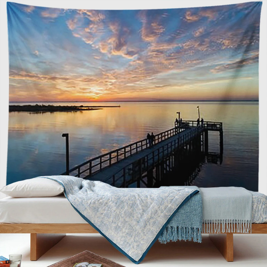 

Natural Landscape Tapestry Seaside Viewing Bridge Sunrise Warm Modern Art Wall Hanging Boho Home Decor Picnic Mat Carpet Gift
