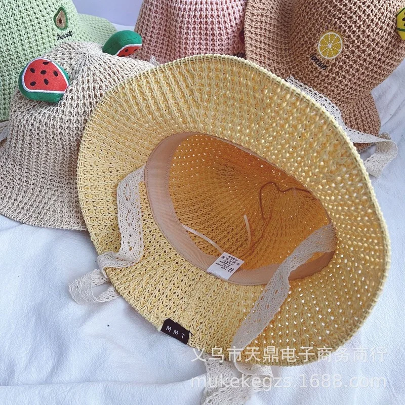 College Style Children Breathable Fisherman Hat Summer Stereo Fruit Lace Big Edge Baby Sunshade Straw Hat 2021 Kids Straw Caps