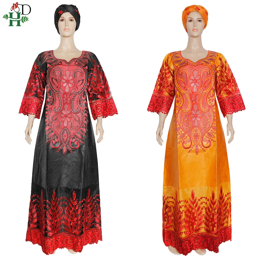 

H&D African Dresses For Women Large Sizes Ladies Clothing Bazin Riche Dashiki Embroidery Boubou Nigerian Head tie Wedding Robes