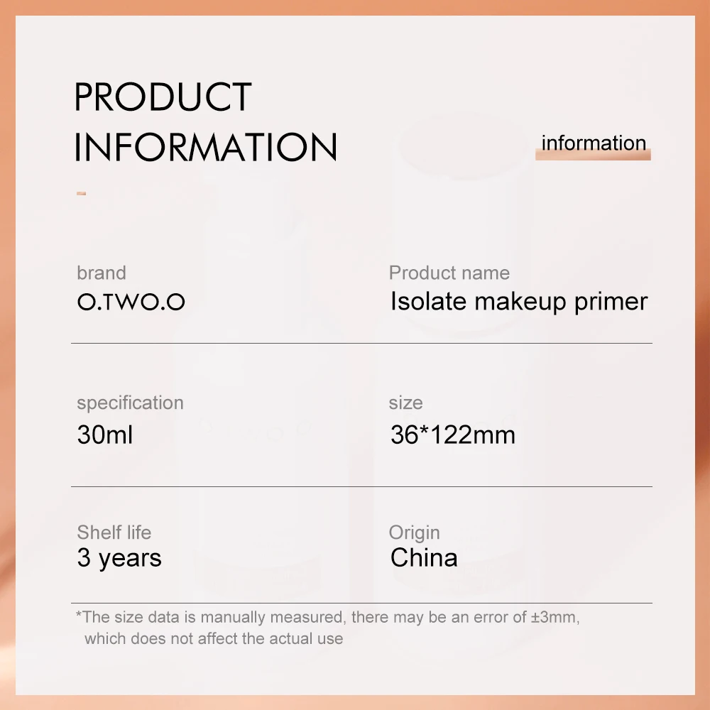 O.TWO.O Makeup Primer Face Base Liquid Matte Foundation Primer Invisible Pore Primer Non-greasy Not Cakey Protective Cosmetics
O.TWO.O Makeup Primer Face Base Liquid Matte Foundation Primer Invisible Pore Primer Non-greasy Not Cakey Protective Cosmetics