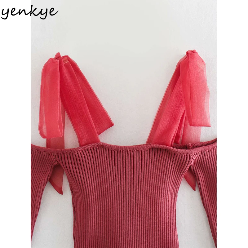 

YENKYE Patchwork Strap Knit Top Women Exposed Shoulders Long Sleeve Sexy Crop Top Fashion Blouse blusas mujer