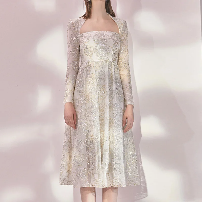 Spring Designer Heavy Industry Embroidery Rose Sequin Square Collar Mid-length Dress Skirt Long Dresses for Women Party Wedding
Spring Designer Heavy Industry Embroidery Rose Sequin Square Collar Mid-length Dress Skirt Long Dresses for Women Party Wedding