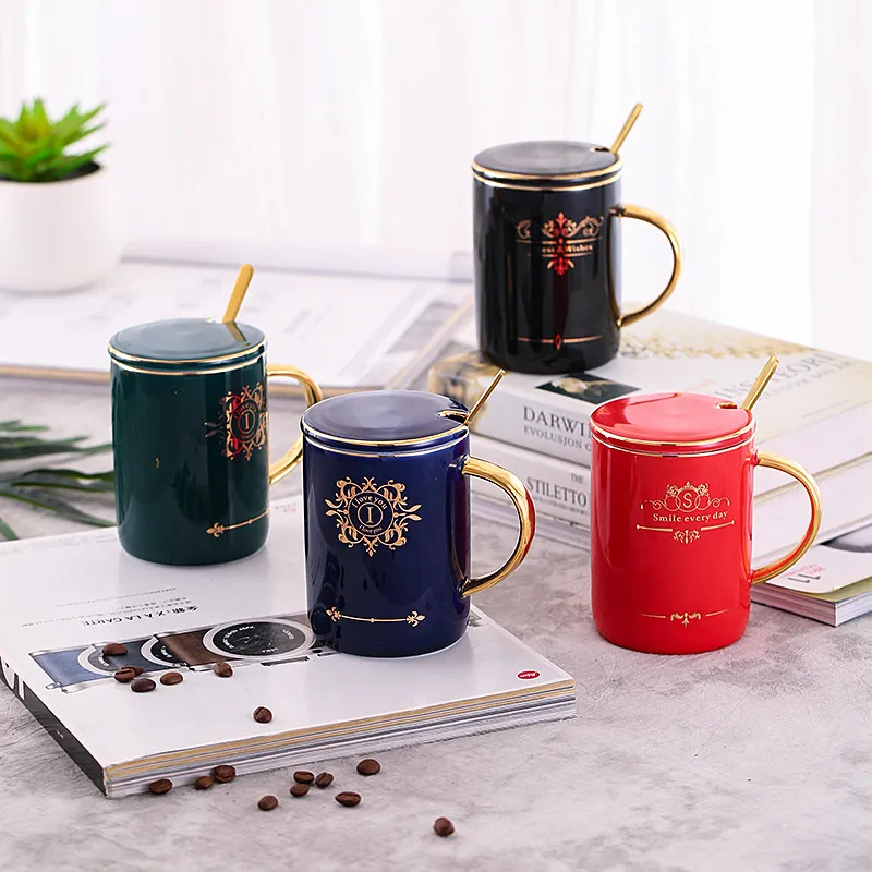 

Ceramic Coffee Mugs Breakfast Milk Tea Cup For Lovers Drinkware With Lid & Spoon Kitchen Drinking Utensils Wedding Gifts