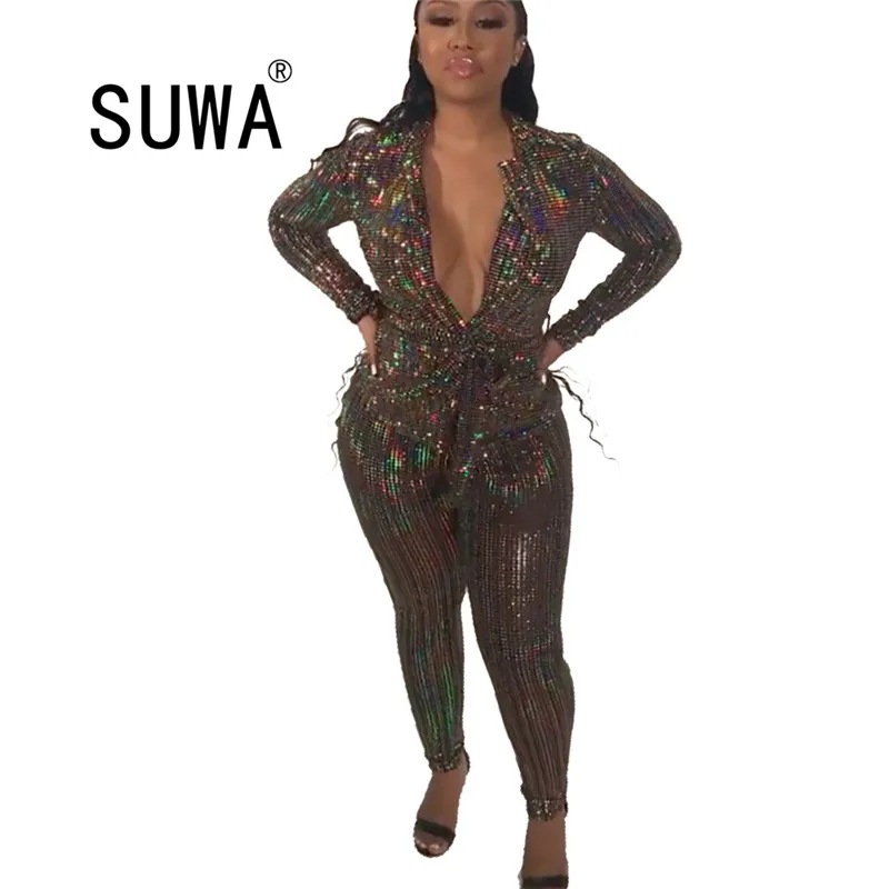 Tassel Sequins Patchwork Skinny High Waisted Pencil Pants Trousers Women Deep V Neck Long Sleeve Party Jumpsuit Rompers Sexy 
Tassel Sequins Patchwork Skinny High Waisted Pencil Pants Trousers Women Deep V Neck Long Sleeve Party Jumpsuit Rompers Sexy